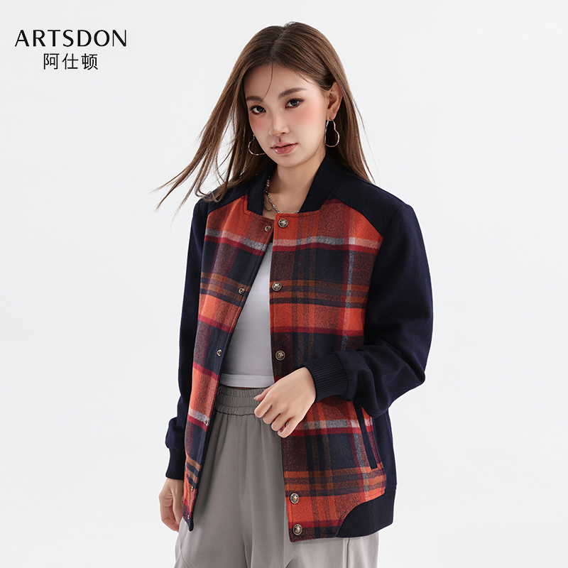 Artsdon/阿仕顿2025春秋女士简约休闲棒球领修身格子毛呢夹克外套
