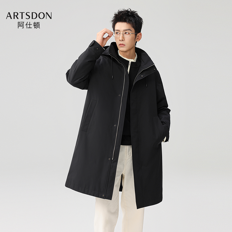 Artsdon/阿仕顿2025秋冬男户外高端商务保暖风衣式可脱卸帽羽绒服