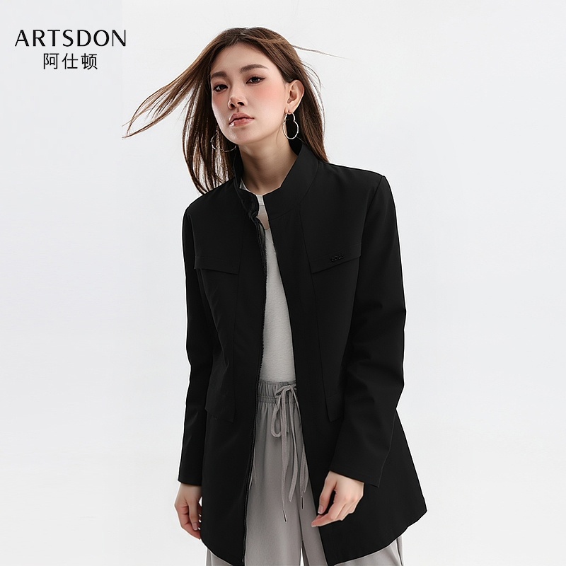 Artsdon/阿仕顿2025春季女士简约休闲时尚百搭立领中长款夹克外套