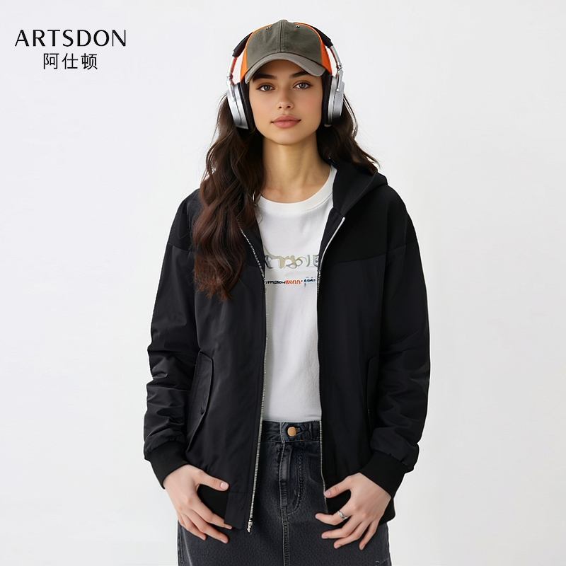 Artsdon/阿仕顿2025春季女士简约休闲连帽拼接变形金刚系列夹克潮