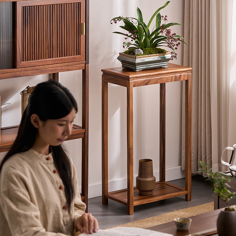 胡桃木长方形整装花架子家用落地实木置物架O鱼缸架阳台盆景加长