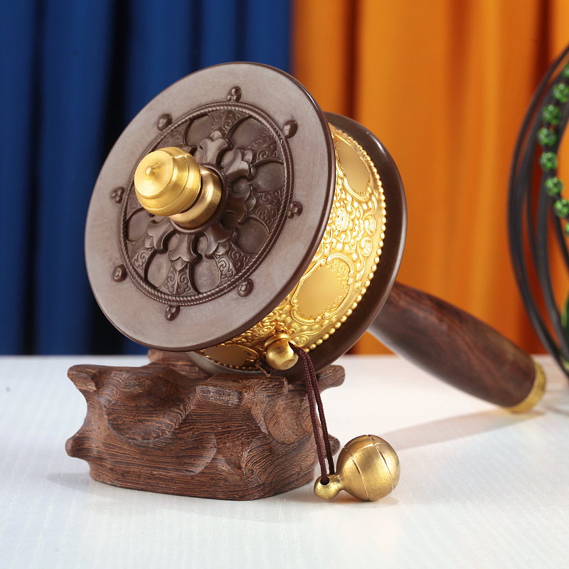 多款慧宝手摇转金轮大小号藏传黄铜手摇转O动筒莲花底座黄铜实木