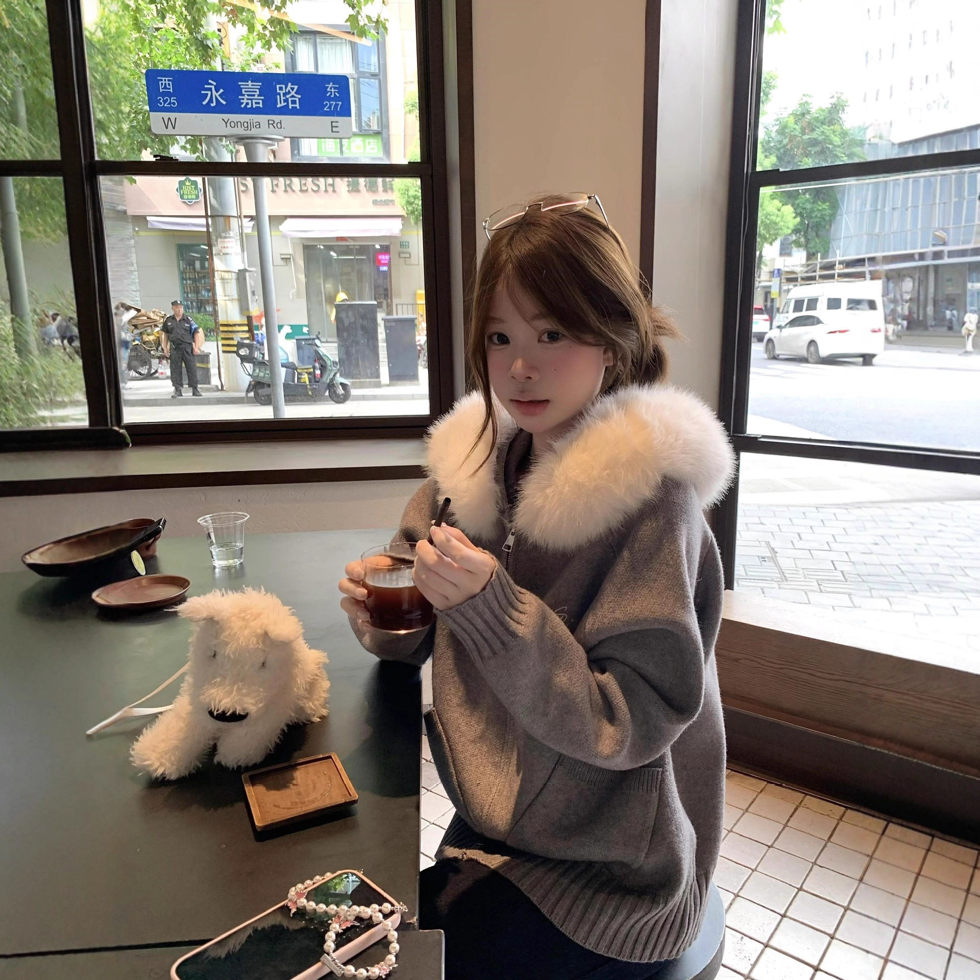 韩系慵懒风灰色毛领外套连帽针织开衫女秋季小个子宽松外搭上衣