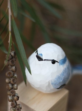鹿妖商店 肥啾鸟木雕 生r日礼物 灰蓝山雀手工实木摆件 青花小胖