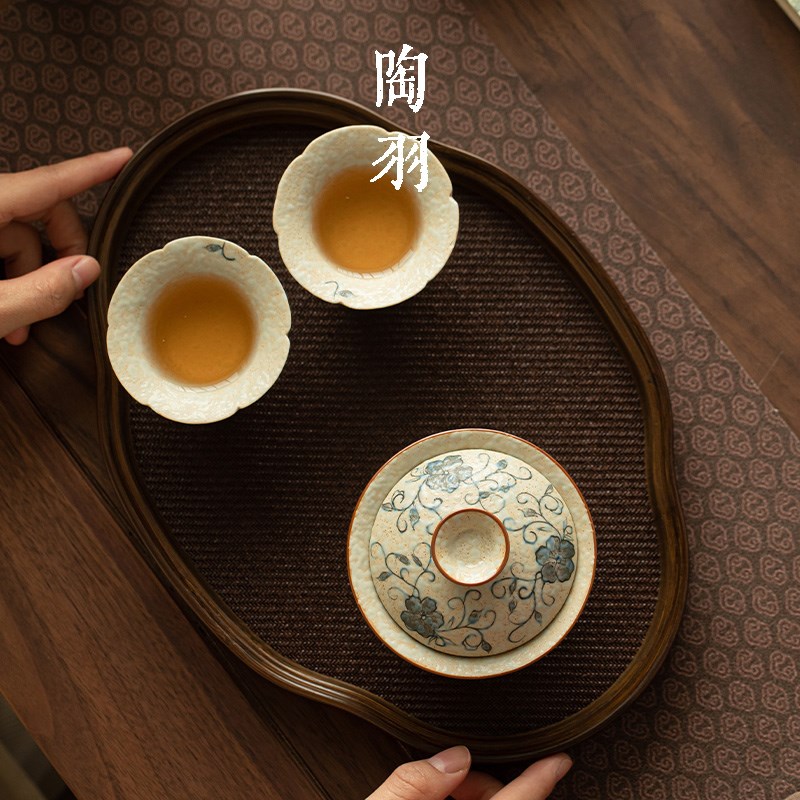 手绘缠枝莲二才盖碗一壶两u杯功夫茶具套装家用陶瓷泡茶碗茶杯茶