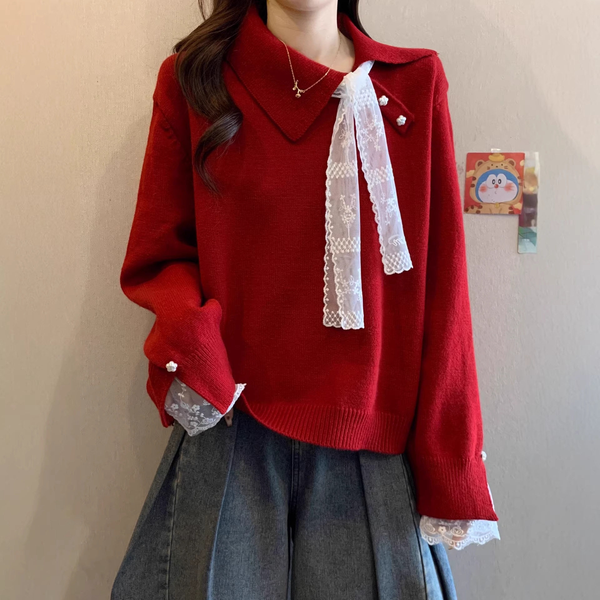 高级感红色毛衣秋冬2025新款大码女装胖mm绝美蕾丝拼接针织衫上衣