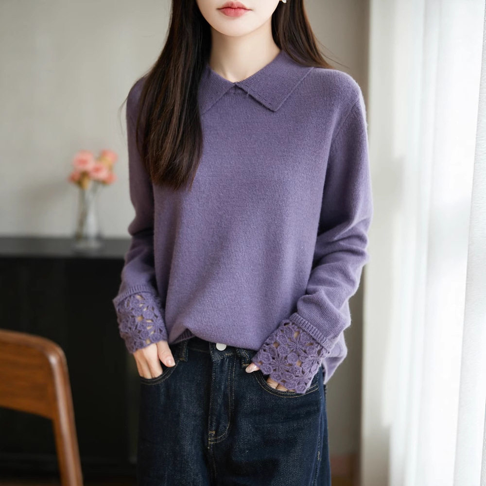 巨好看的时尚翻领镂空毛衫针织衫女2025秋冬宽松休闲百搭保暖毛衣