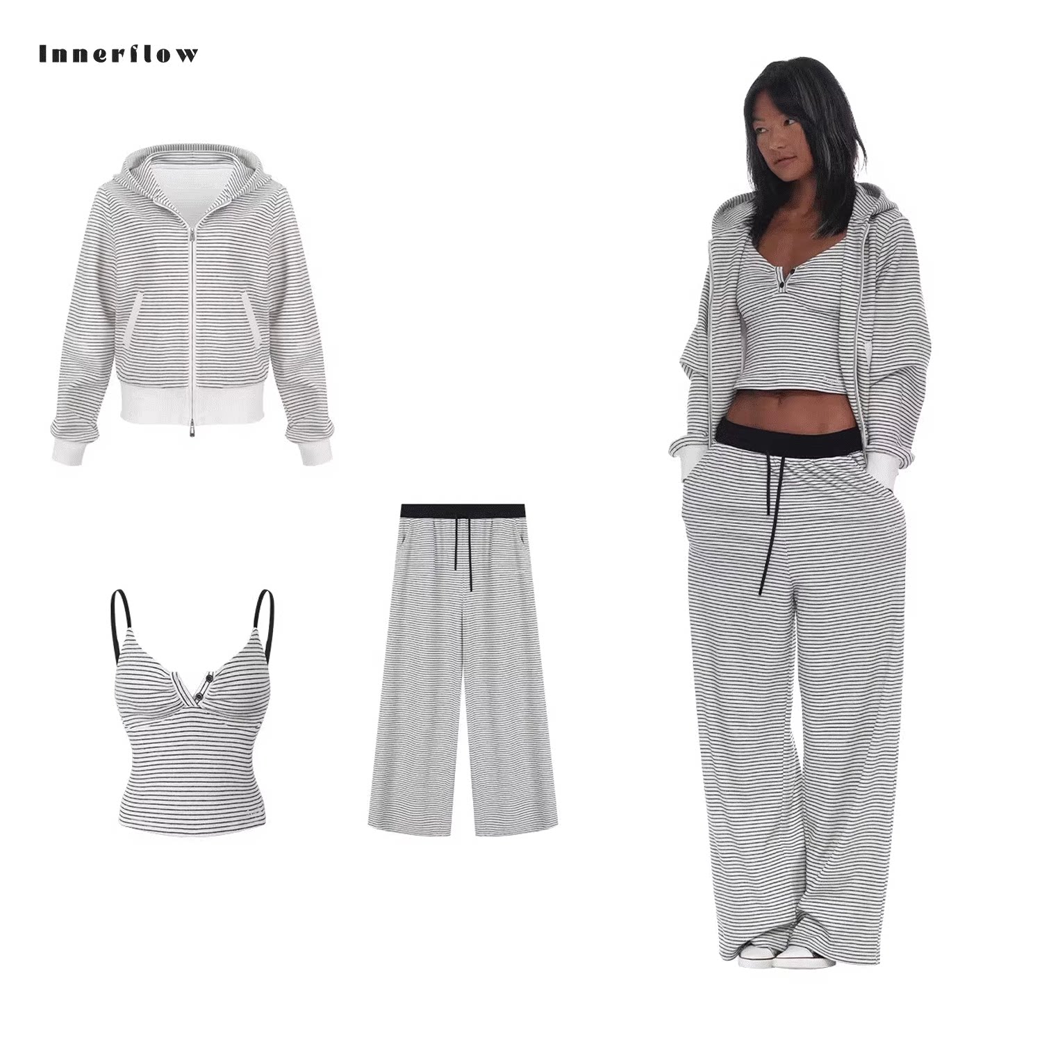 INNERFLOW自然呼吸系列 宽松舒适感版型条纹外套/背心/休闲裤套装