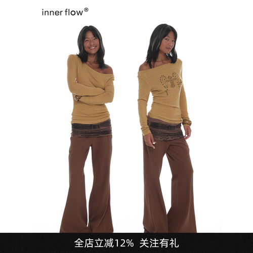 INNERFLOW慵懒美学系列”醋酸十字古铜色烫钻斜肩正反面两穿上衣