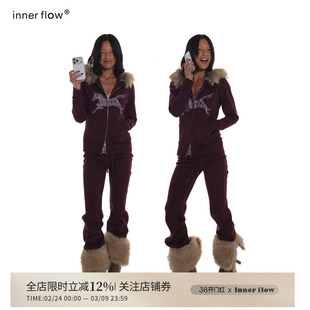 INNERFLOW雾紫狂想 绛紫色烫钻加绒卫衣外套保暖休闲卫裤套装