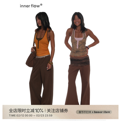 INNERFLOW野性甜心 高弹撞色豹纹拼粉色假两件挂脖遮副乳背心