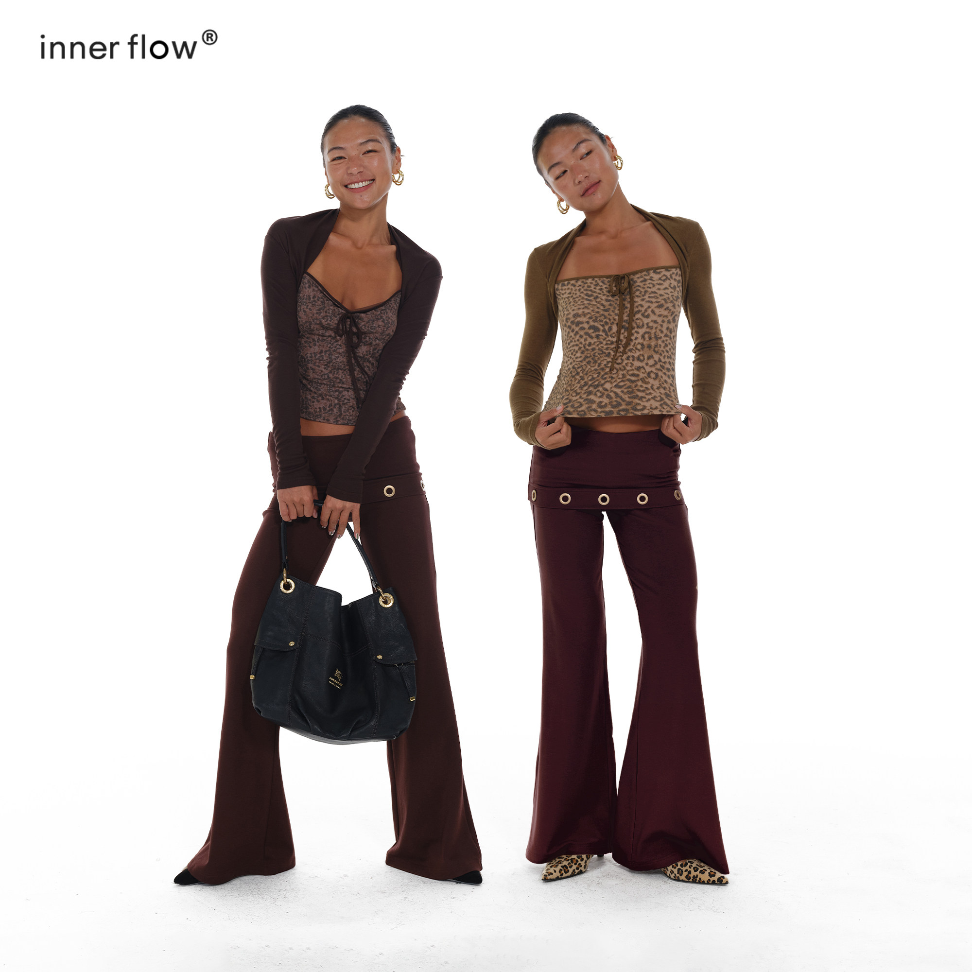 INNERFLOW 秋季修身假两件长袖印花短款t恤上衣+棕色休闲裤长裤图片