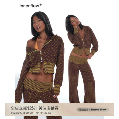 INNERFLOW复古可可 春季长袖短款波点撞条纹上衣+休闲裤两件套装