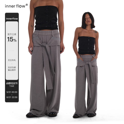 INNERFLOW灰调漫游 灰色系带设计感宽松休闲裤垂感显瘦阔腿裤卫裤