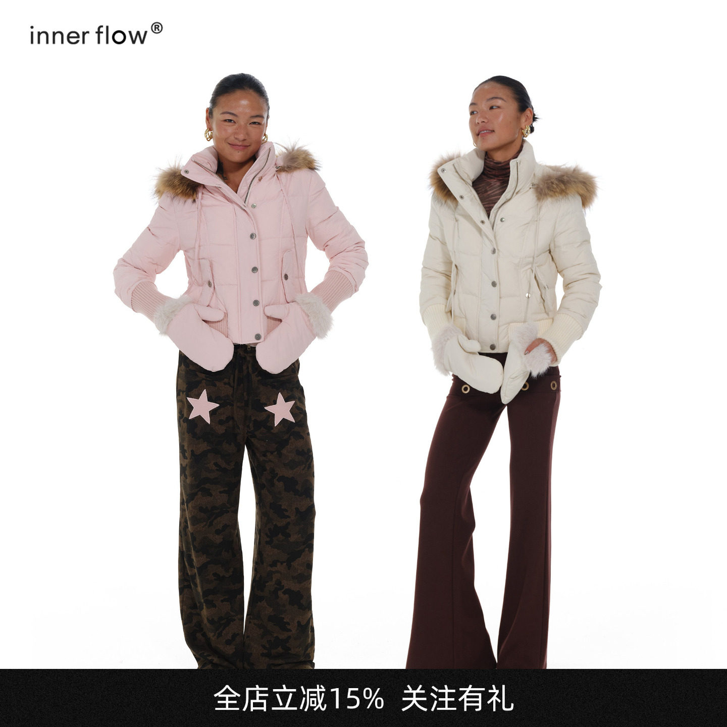 INNERFLOW冬季时尚保暖白鹅绒貉子毛毛领连帽短款羽绒服送手套