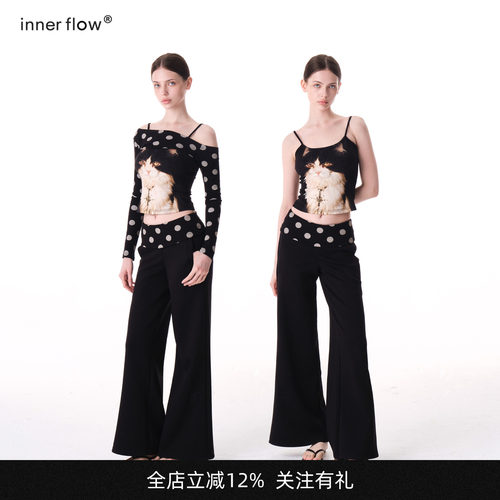 INNERFLOW夏季卡其色波点外搭+猫咪吊带+黑色波点长裤设计感套装
