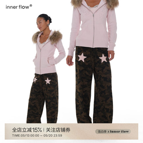 INNERFLOW美式复古迷彩撞色星星裤子休闲宽松长裤时尚直筒裤冬季