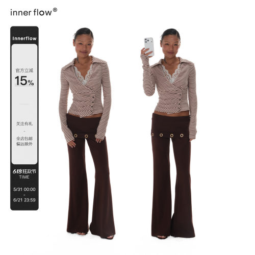 INNERFLOW春季粉棕色条纹上衣蕾丝花边拼接翻领设计显瘦长袖t恤
