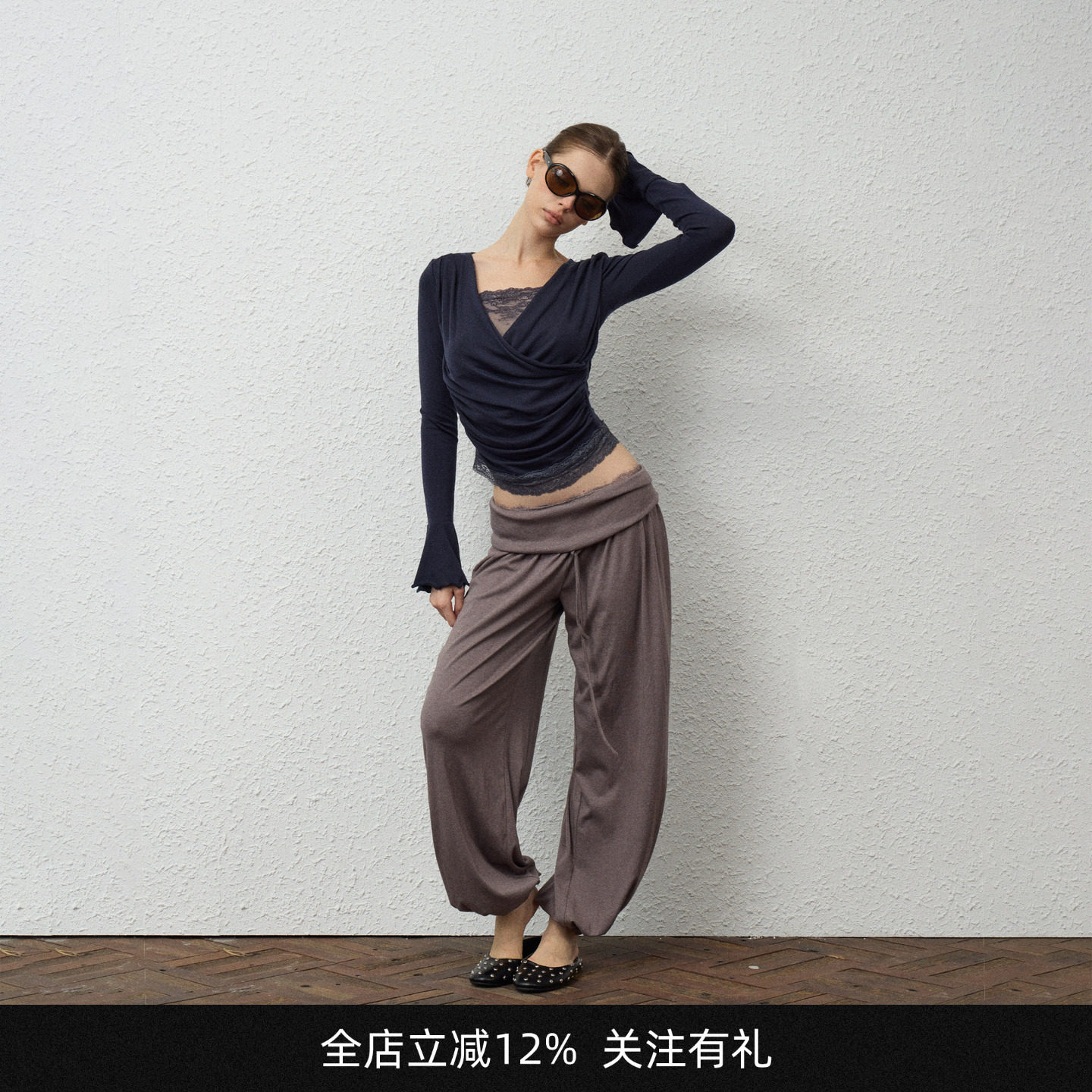 INNERFLOW【绝美私服】秋季三色蕾丝拼接显瘦宽松羊毛打底t恤上衣图片