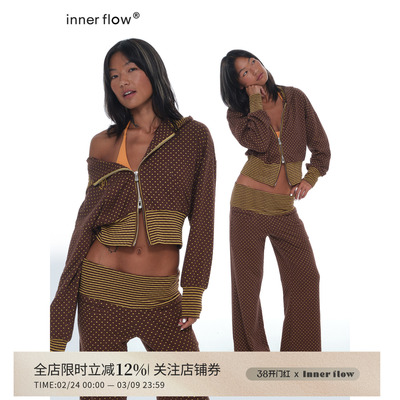 INNERFLOW复古可可 长袖短款波点撞条纹上衣+休闲裤两件套装