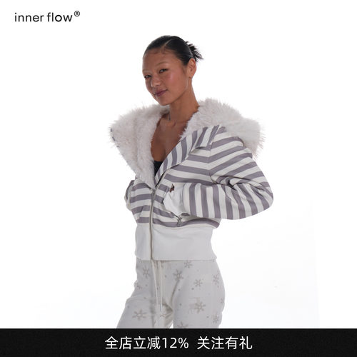 INNERFLOW复古冰纹 棕色夹棉拼毛短款外套灰白条纹大毛领连帽卫衣