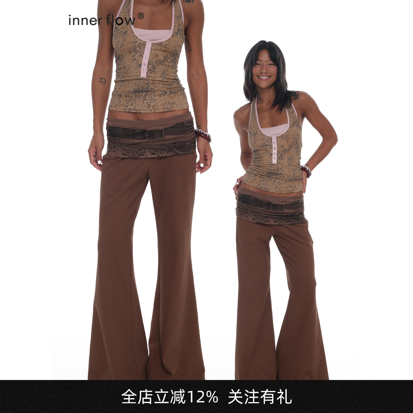 INNERFLOW复古印迹 春季腰带印花喇叭裤翻腰头低腰长裤运动休闲裤图片