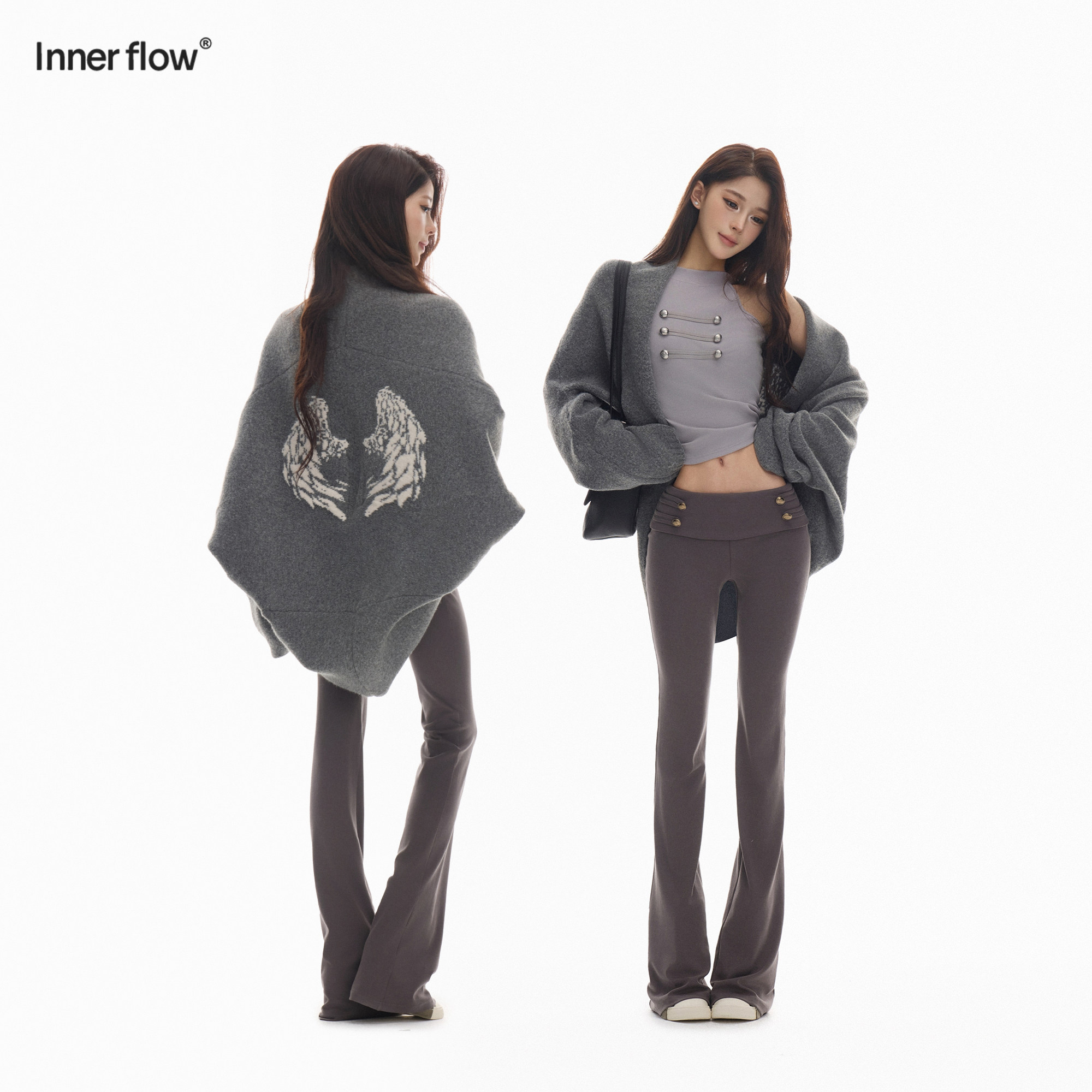 INNERFLOW天使之翼 蝙蝠袖翅膀图案大落肩花灰针织外套+浅灰背心