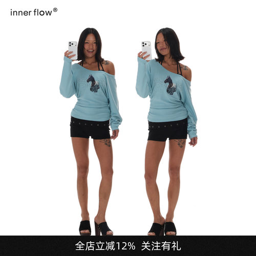 INNERFLOW春季蓝色马年修身斜肩上衣长袖T恤烫钻内衣两件套套装女