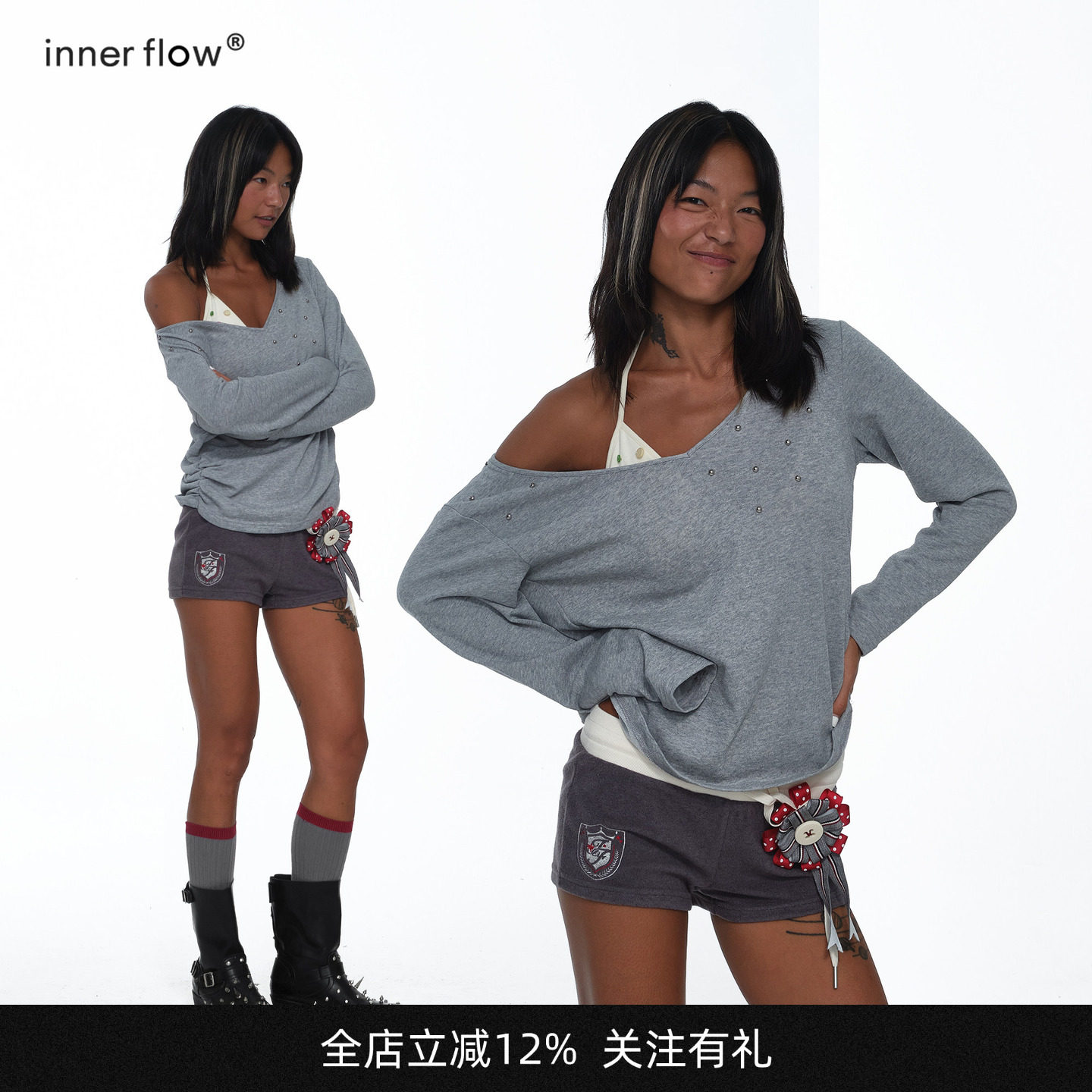 INNERFLOW炫彩商店 春季薄款舒适漏肩铆钉灰色斜肩卫衣吊带套装女图片