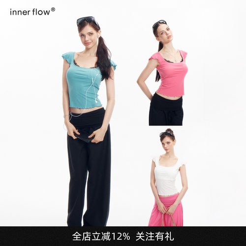 INNERFLOW莱赛尔亮色系蕾丝拼接短袖夏季多色小飞袖T恤带胸垫女
