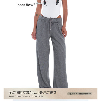 INNERFLOW岩感弹力 秋季深灰色翻腰头舒适运动阔腿长裤休闲裤女