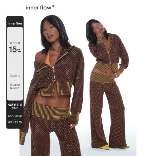 INNERFLOW复古可可 春季长袖短款波点撞条纹上衣+休闲裤两件套装