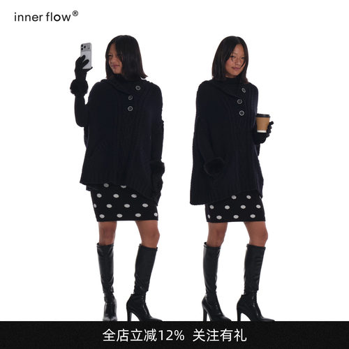 INNERFLOW设计感黑色斗篷毛衣2026秋季新款中长款宽松毛针织上衣