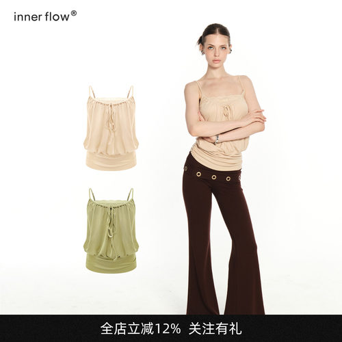 INNERFLOW夏季新款兰精天丝羊毛双色性感蕾丝褶皱吊带上衣背心女