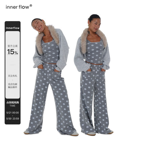 INNERFLOW春季短款灰外套+白灰波点吊带+波点长裤家居感休闲套装