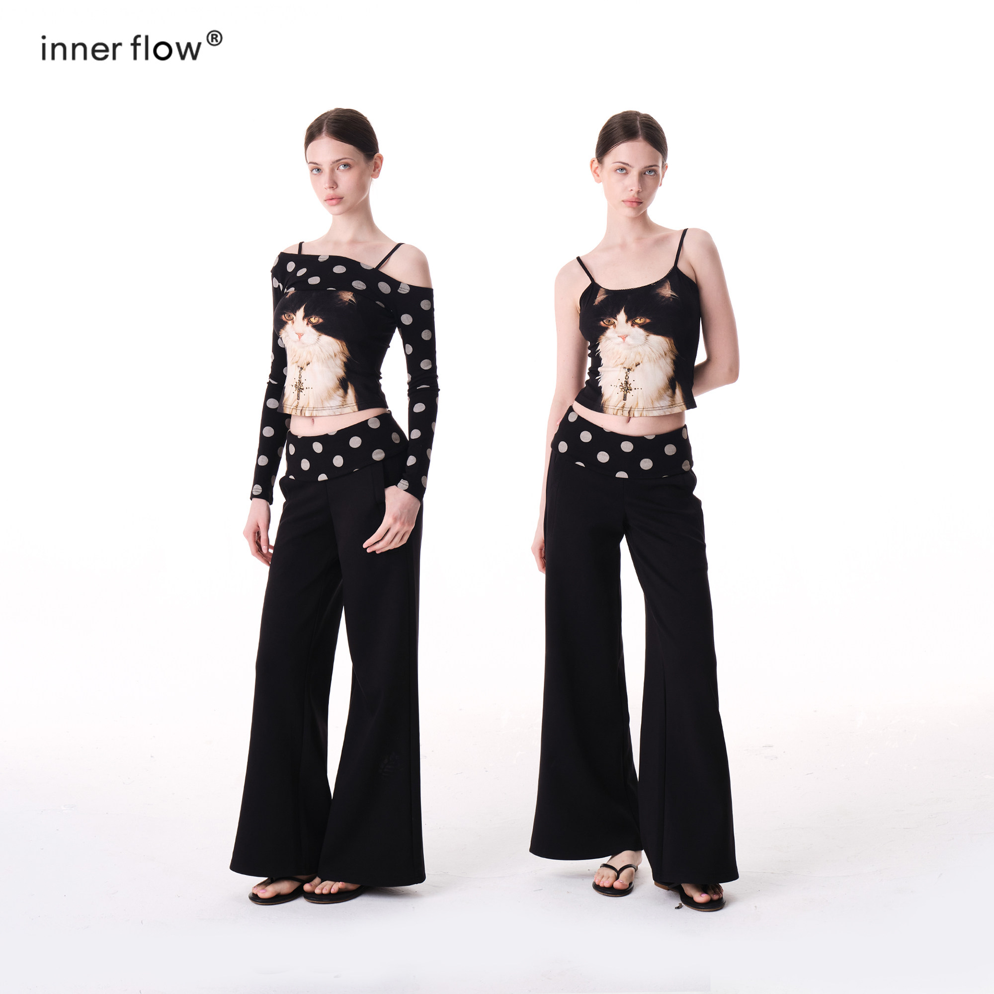 INNERFLOW秋季波点外搭+猫咪吊带+黑色波点长裤设计感三件套套装图片