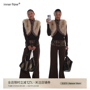 INNERFLOW暮色织金 气质棕色毛毛拼接马甲冬季新款牛角扣短款外套