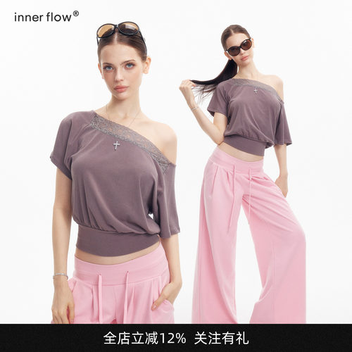 INNERFLOW慵懒感蕾丝拼接斜肩短袖夏季露肩短款收腰灰色上衣女