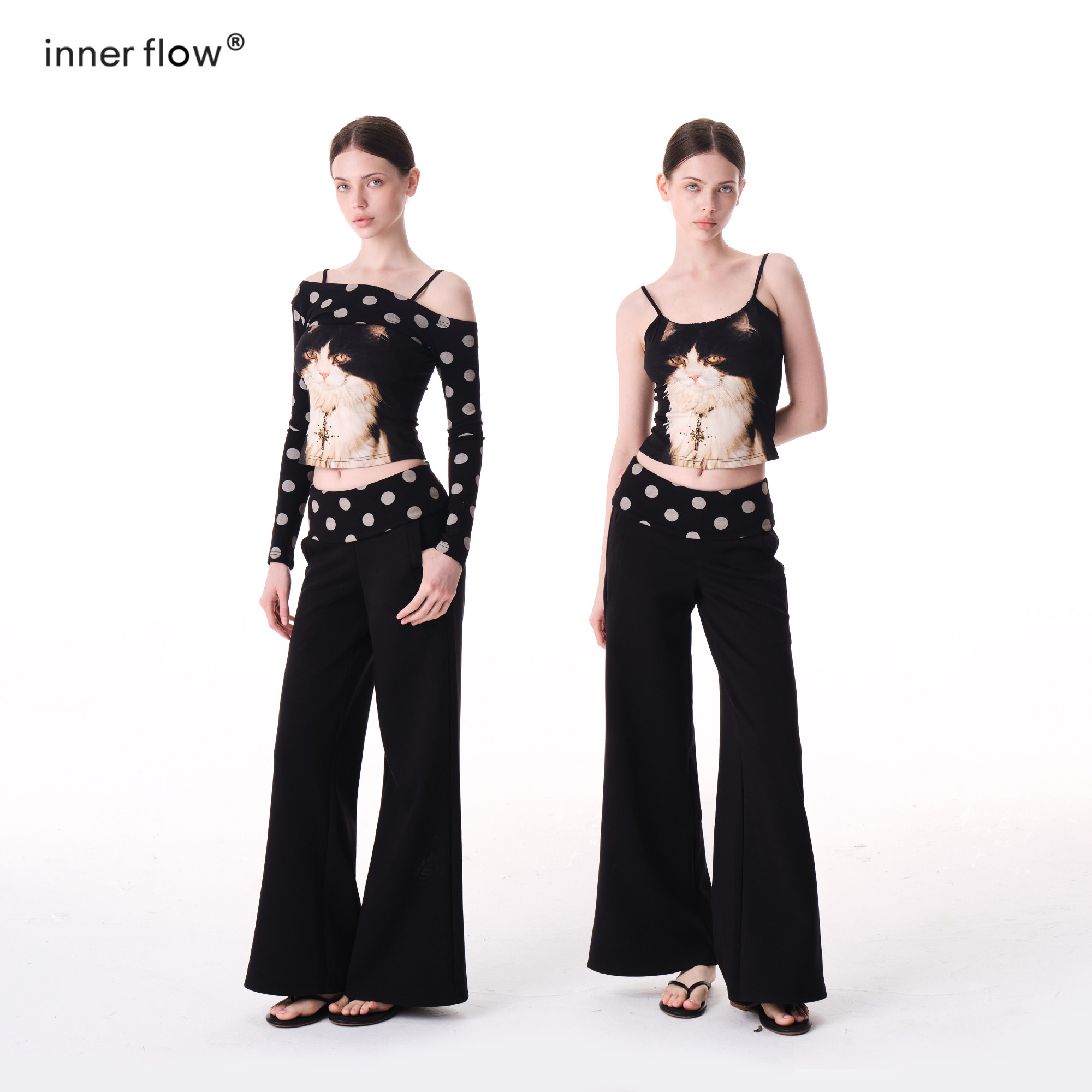 INNERFLOW夏季卡其色波点外搭+猫咪吊带+黑色波点长裤设计感套装图片
