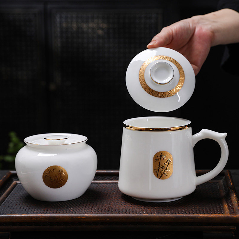 陶瓷茶杯羊脂玉会客泡茶杯茶分离会议马克杯盖杯定
