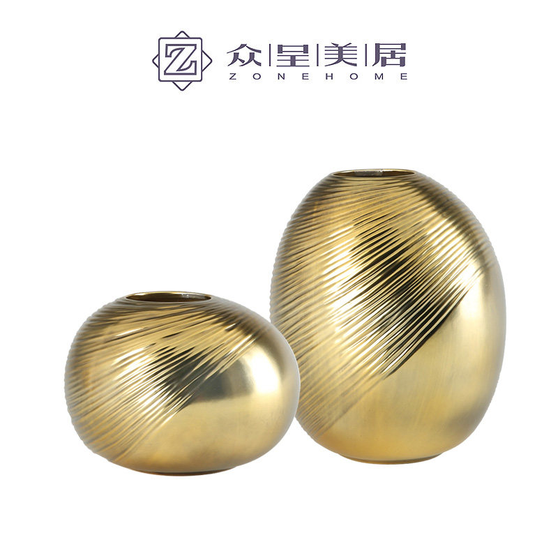 家居饰品花瓶金色陶瓷干花花器现代简约埙形瓶样板房