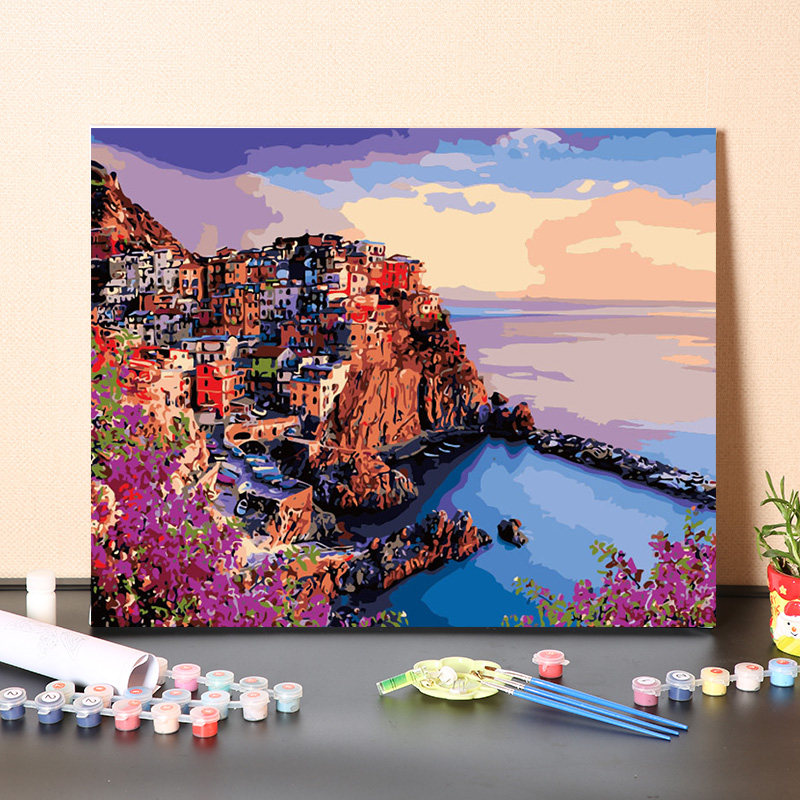 数字油画手工填海边五渔村风景画手绘画画涂色油彩画