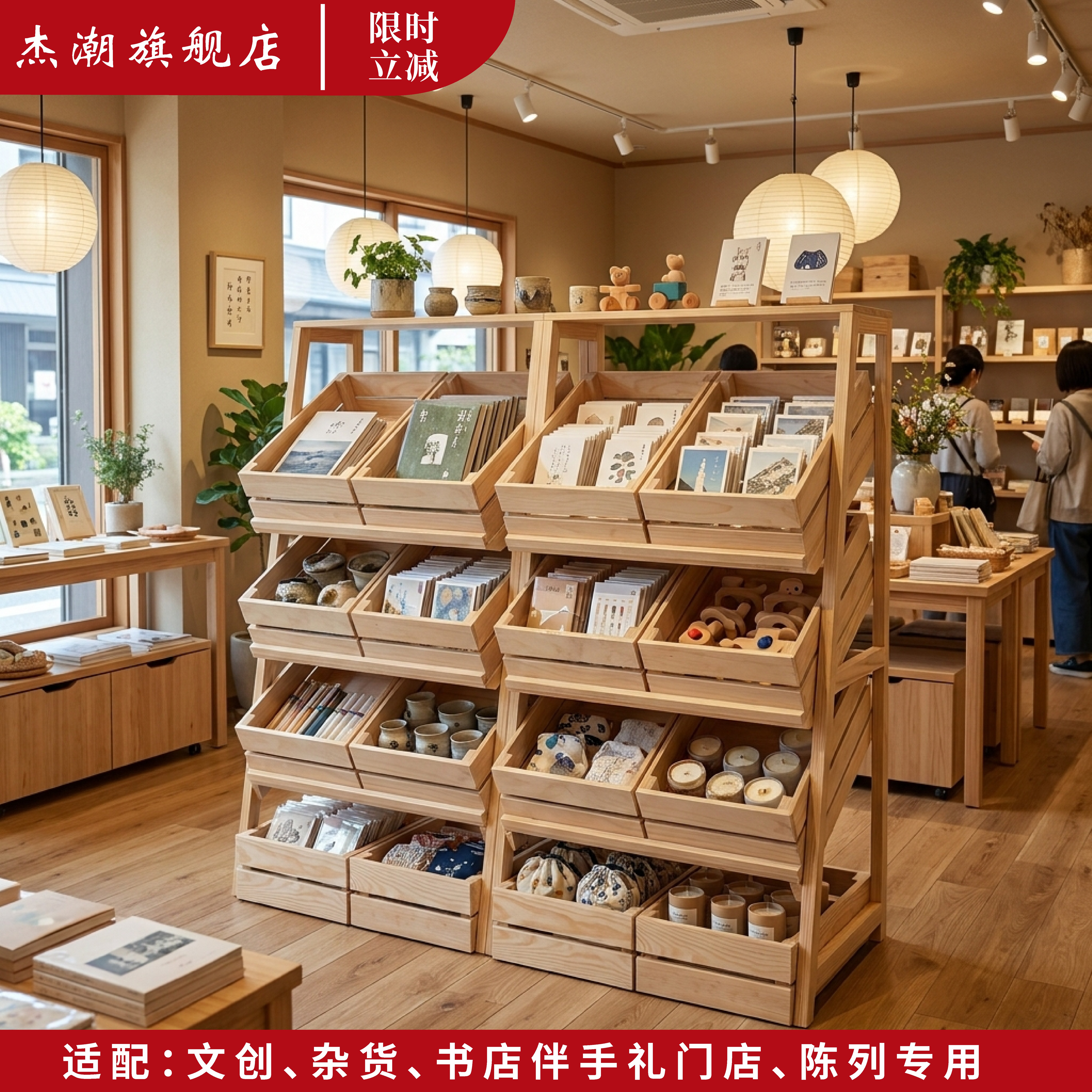 实木陈列多格展示货架日式文创书店超市货品展示架杂货小件商品架