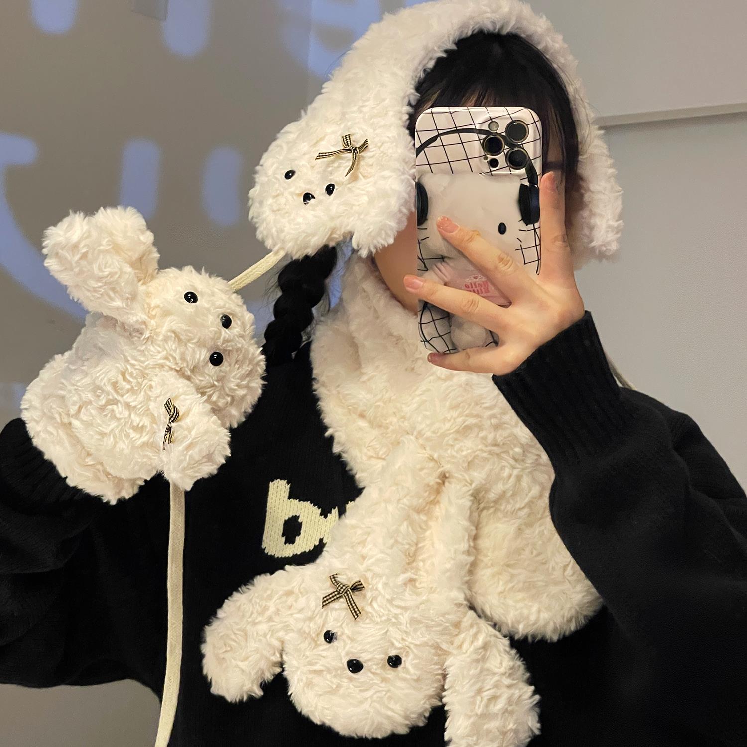 手套女生冬季保暖加绒围巾可爱加厚棉帽子冬天骑行防寒长毛绒耳罩