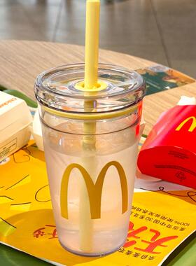 新款麦麦黄色吸管水杯夏季冰咖啡冷饮杯tritan耐高温高颜值杯子