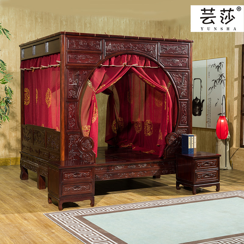 芸莎中式床幔仿古典风格双月洞拔步架子床四季皆福整体款绣花蚊帐