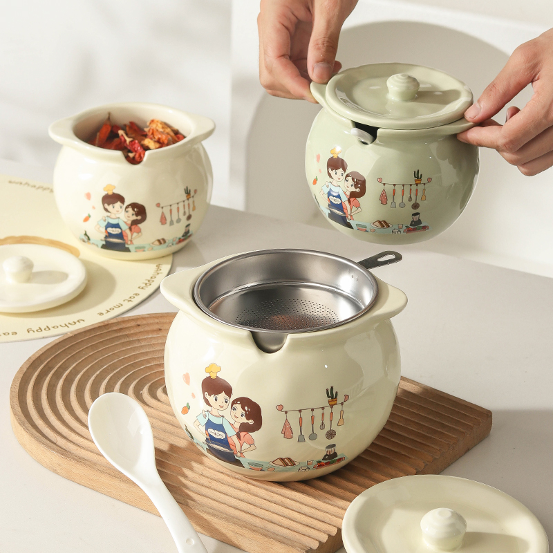 奶油风双耳猪油罐家用带过滤网大号陶瓷耐高温储油罐厨房油罐油壶