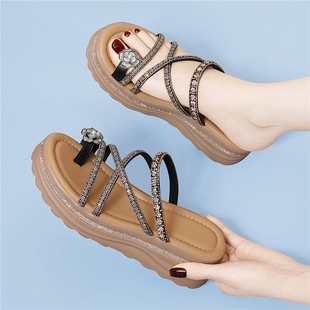 罗马沙滩厚底坡跟凉拖 女夏外穿夹脚胖宽套趾法式 小众水钻凉鞋 拖鞋