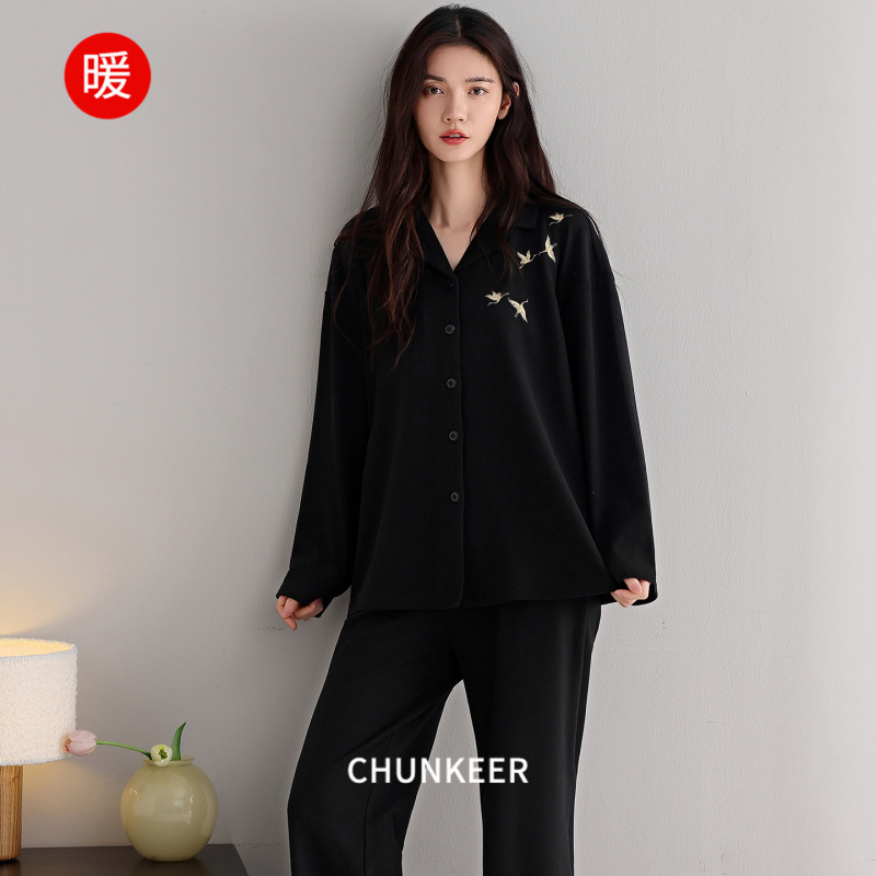 秋冬季德绒保暖开衫睡衣女宽薄绒