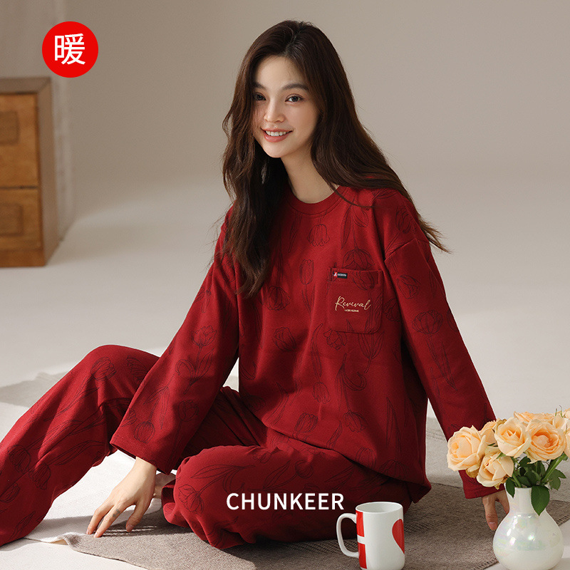 秋冬新品红色睡衣女款家居服德绒